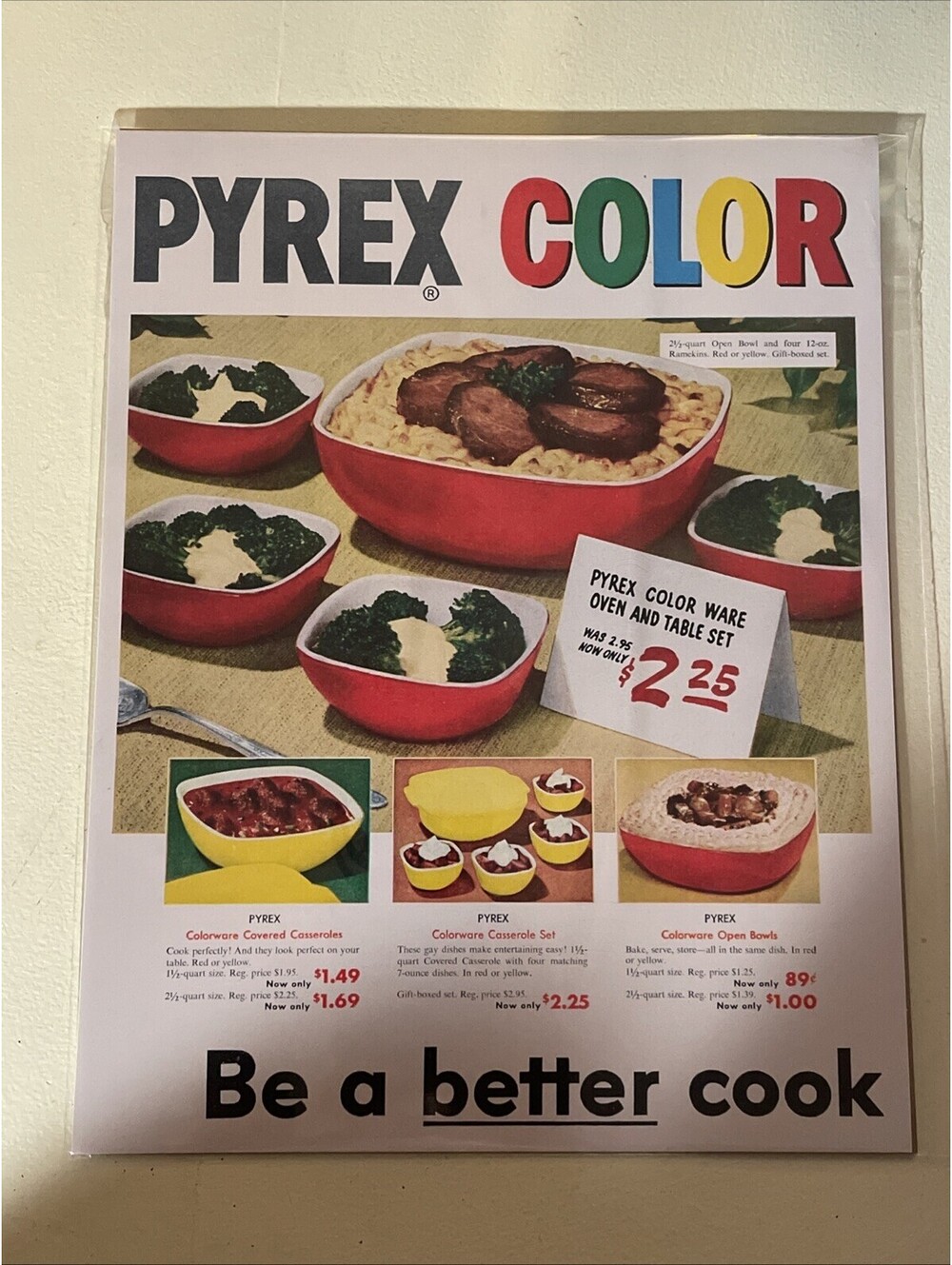 Pyrex Color Bowl PRINT 8.5"x11" Ad Sign Vintage Colour Set 1952 Casserole Dish